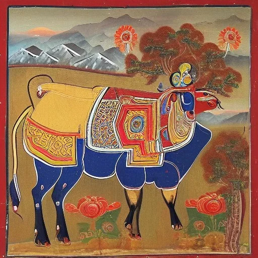 holy cow god in indian landscape in tibetian painting style