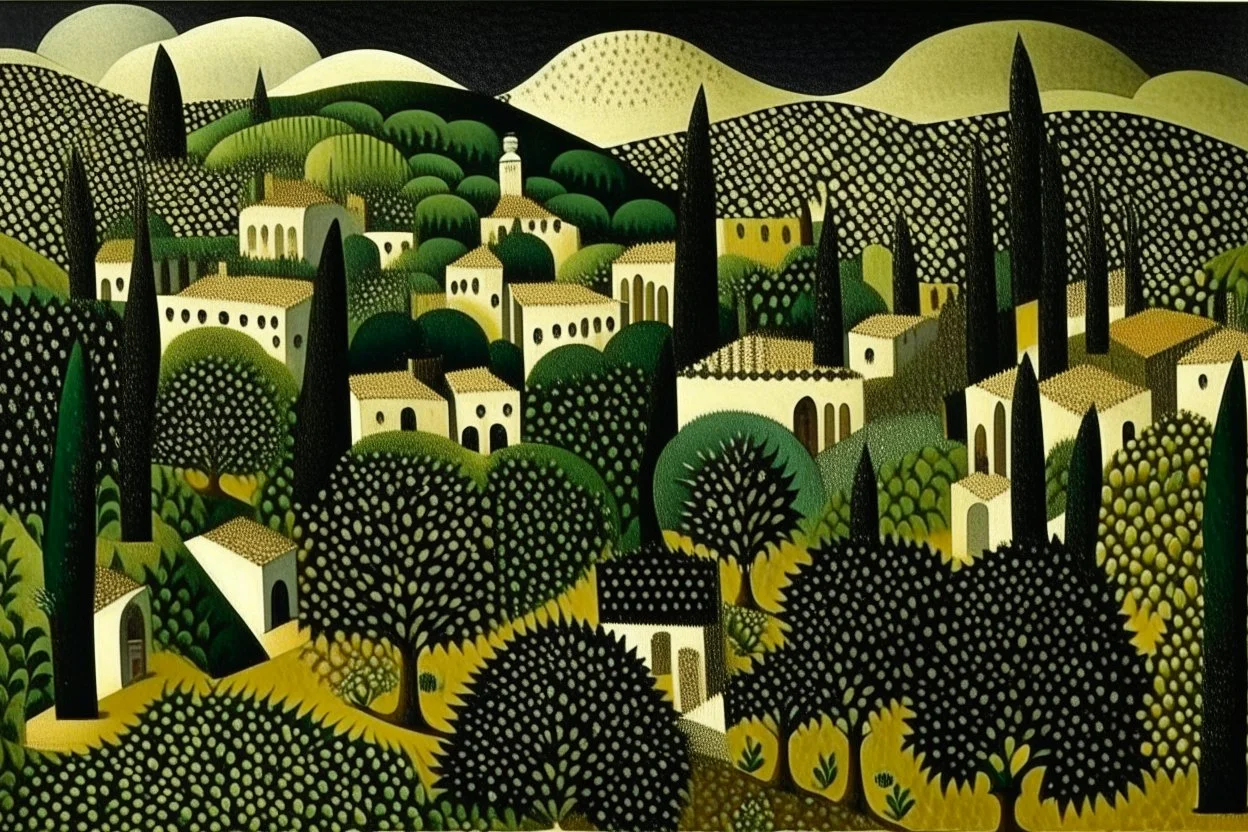 A black village in a shadow realm designed in ancient Greek mosaics painted by Henri Rousseau