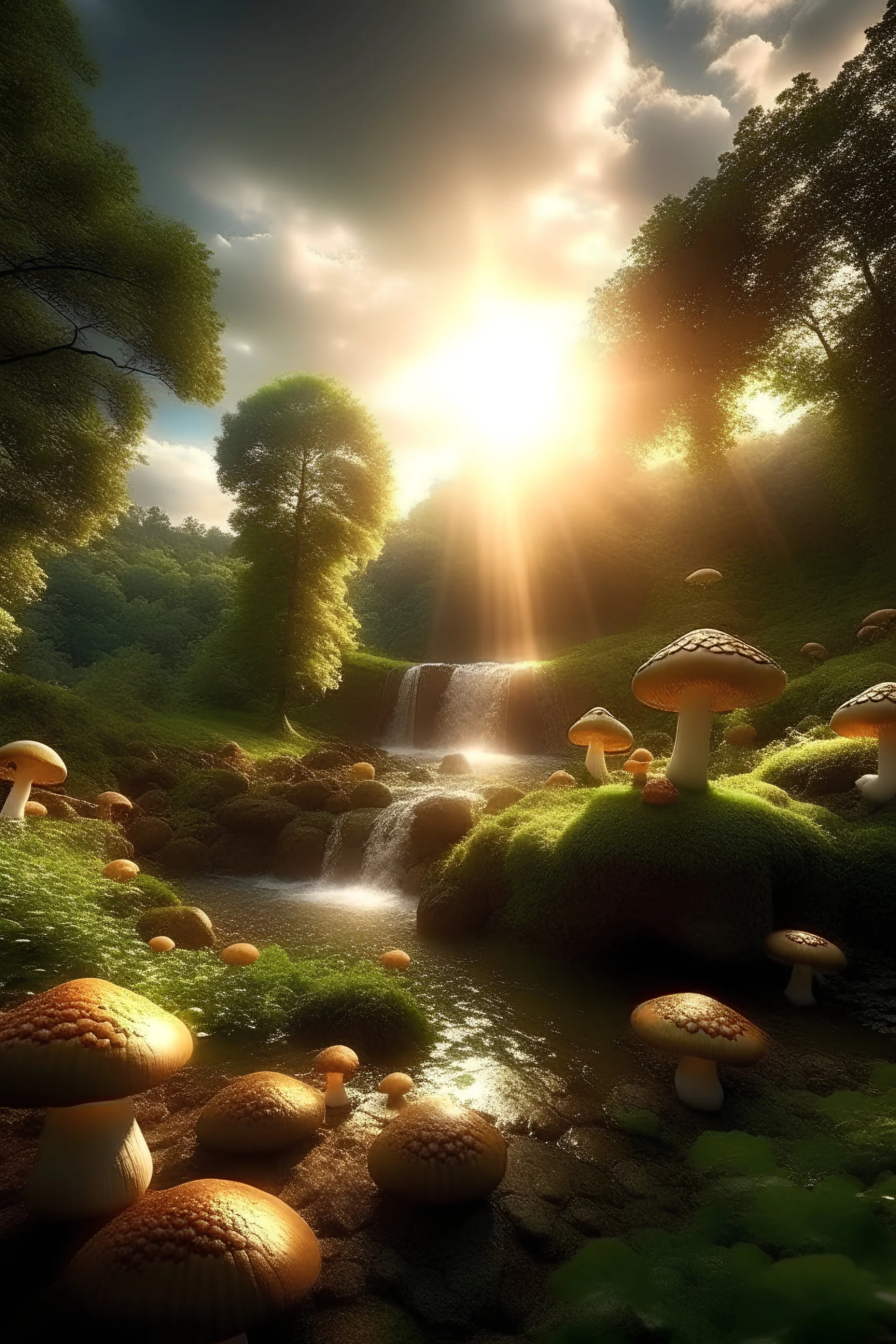 fees,clairiere lumineuse ,arbres , champignons ,nuages, cascade