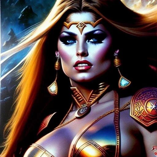 portrait oil on canvas,beautiful busty Female Warrior, minimal armor,comic book cover, mystical colors,insanely detailed,realistic,intrincate detail,crystal clear eyes, 16k resolution, masterpiece,Simon Bisley,Frank Frazetta,Alex Horley,ARTHUR ADAMS