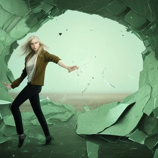 woman, blonde hair, green pullover, black pants, falling through glass shards, pan in the hand, brown shoes, windy