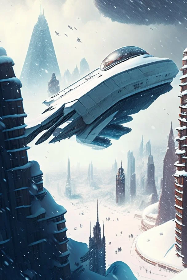 spaceship flying low over a snow-covered city