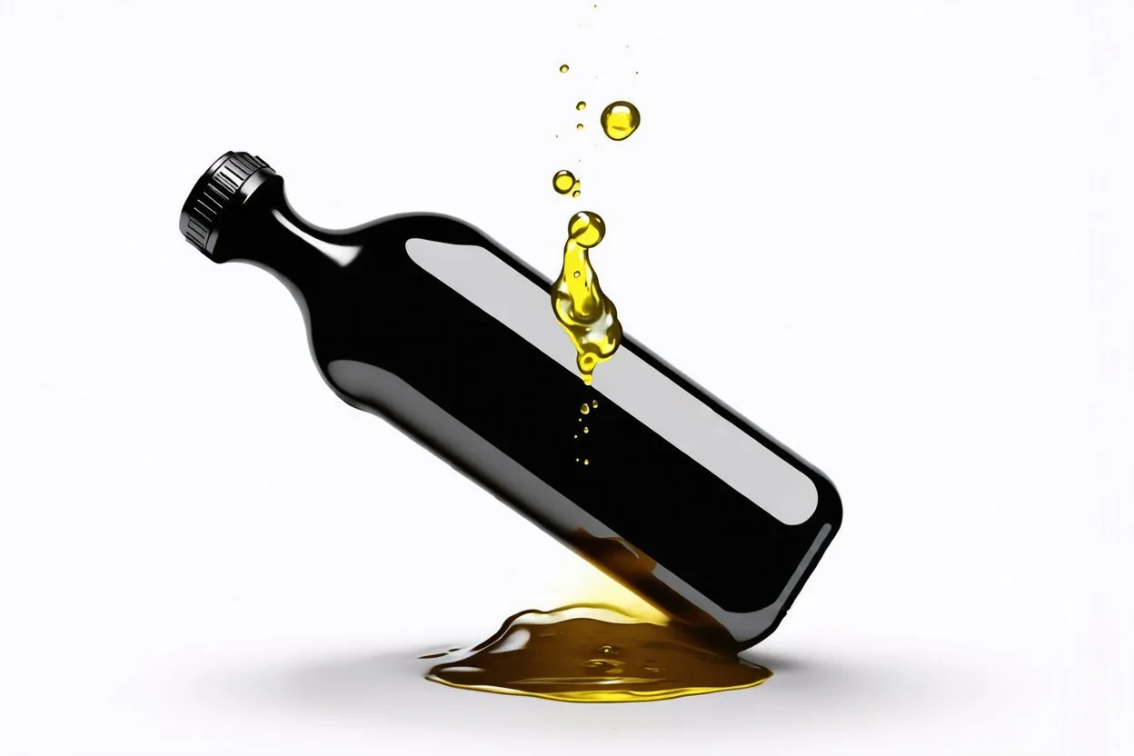 a plastic motor oil bottle floating while tipped over and pouring out oil. white background, Smooth vector