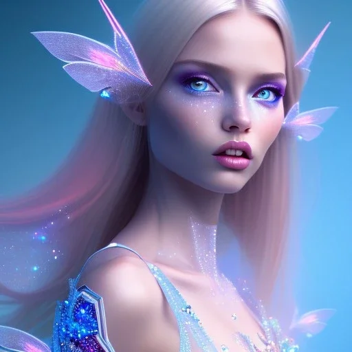  beautiful, soft, whide smile face, long blonde straight hair, blue eyes, fairy wings on the back, transparent crystal blue and pink clothes, background blue and pink, big definition, 8K