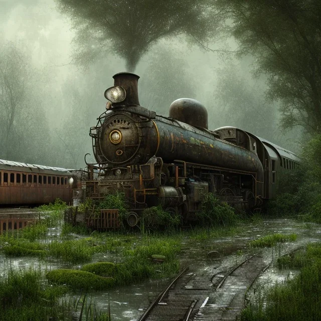 an abandoned train on tracks overgrown by nature with large puddles of water flooding part of tracks, 8k resolution, high-quality, fine-detail, intricate, digital art, detailed matte, volumetric lighting, illustration, 3D octane render, brian froud, howard lyon, selina french, anna dittmann, annie stokes, lisa parker, greg rutowski