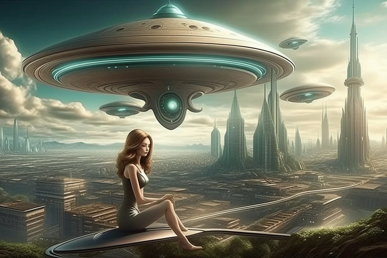 beautiful woman riding flying saucer over future alien city