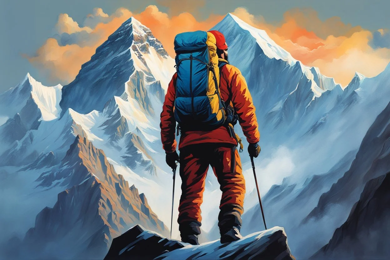 A perfect man having a beautiful dream standing on the top of Mount Everest painted by Poul Anker Bech. concept art, mid shot, intricately detailed, color depth, dramatic, 2/3 face angle, side light, colorful background