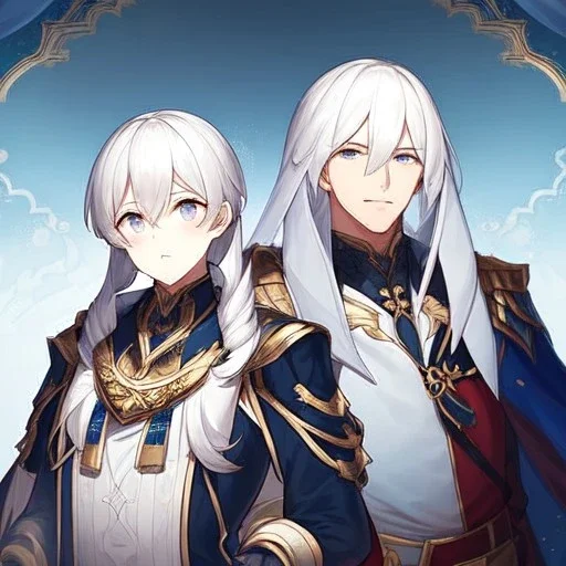 Twins, boy and girl, white hair, silver eyes, royal hall background