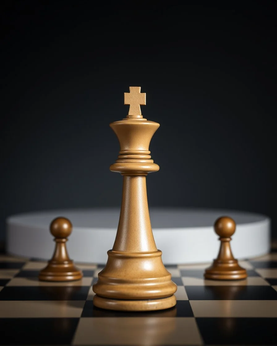 a bishop chess piece standing beind a podium. in front are the king and queen chess pieces