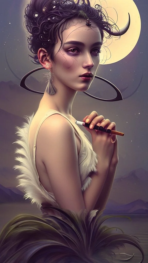 portrait of a woman smoking a cigarette, nebulas seeping into her brain, crescent moons in her eyes, feather earrings in her ears, a crescent moon to right, a wrought iron fence and a lake behind, a mountain range in the distance by seraphinianus kodex, karol bak