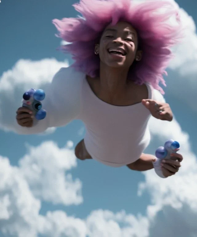 Ultra realistic speed clouds sky scene, wide angle view, sweet childs falling down, inflatable color clothing, free jumping flying, many trinkets, monster hair, hair monster, many jelly beans, balls, smile, happy, circus style, extreme, wind, clouds sea, 20,000 feet altitude, stratosphere, soft color, highly detailed, unreal engine 5, ray tracing, RTX, lumen lighting, ultra detail, volumetric lighting, 3d, finely drawn, high definition, high resolution.