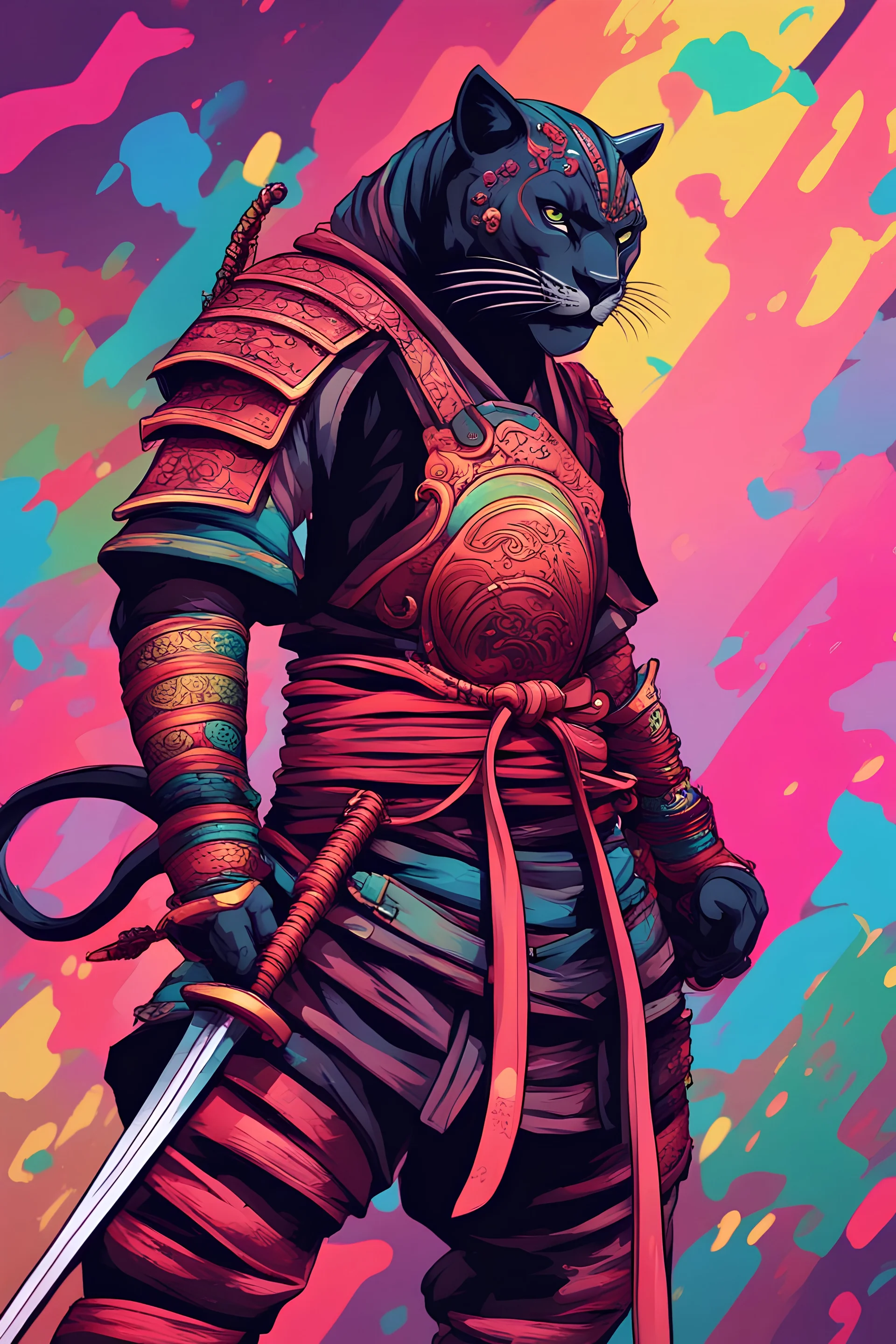 Plano entero de una pantera ninja samurai que esta con sus espadas y su armadura, tipo anime, de fondo con la muralla china, paleta de colores vibrantes del arco iris,contraste asentuado, lunes fuertes y brillantes, con atmósfera de poder y fuerza femenina