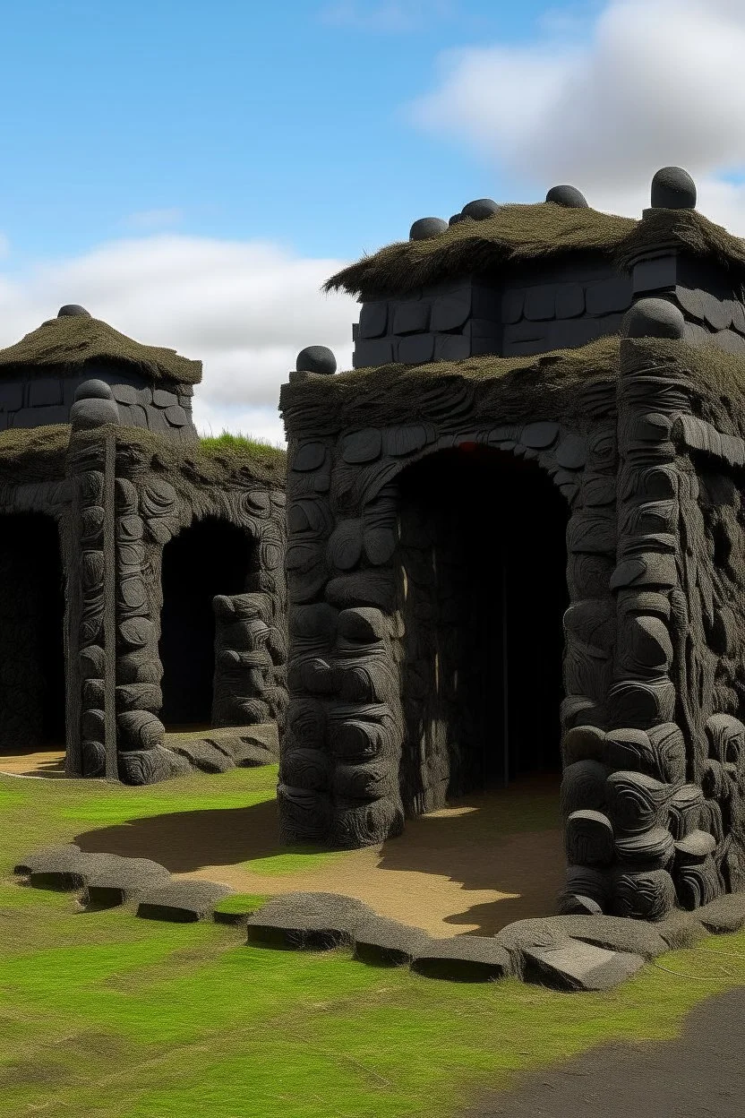 A black shelled fortress covered in tar designed in Maori sculptures