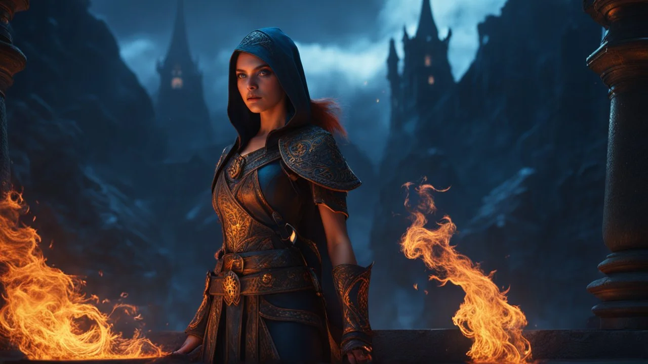 18 year old female sorcerer. perfect eyes. black smoke. blue and orange fire. exquisite realism, a masterpiece, fantasy concept art, dynamic lighting, hyperdetailed, intricately detailed, deep color, Unreal Engine, volumetric lighting , Epic cinematic brilliant stunning intricate meticulously detailed dramatic atmospheric maximal,