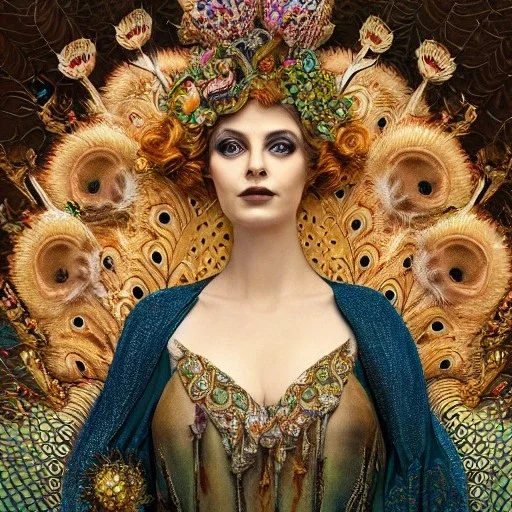 portrait of woman queen of peacocks, stunning, beautiful, gorgeous, realistic, photo illustrative, ornate, 8K resolution, high-quality, fine-detail, digital art, detailed matte, brian froud, howard lyon, selina french, anna dittmann, annie stokes, lisa parker, greg rutowski, alphonse mucha