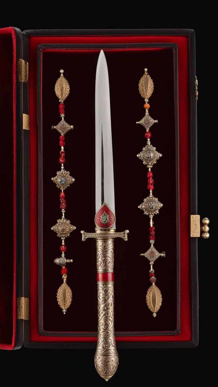 Small dagger with the hilt inlaid with wolves heads lying in a red velvet box