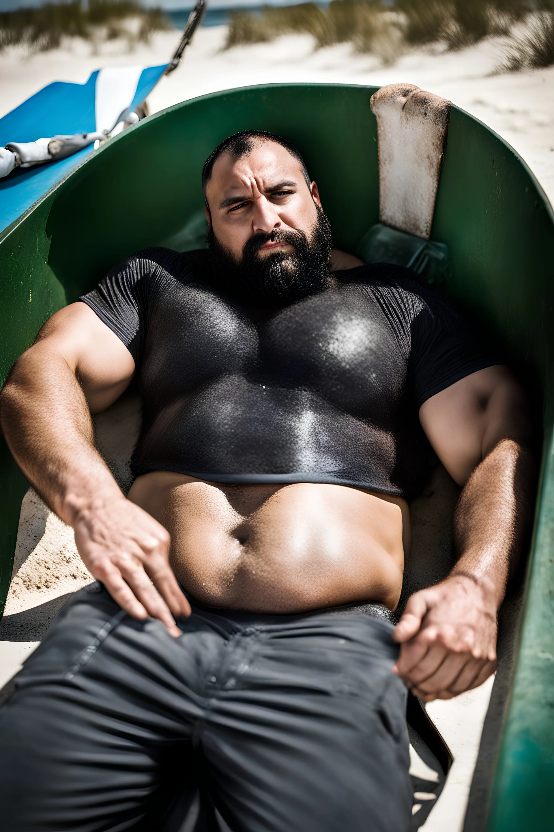 full figure shot photography of a tired strong muscular chubby burly 36 years old ugly arab carpenter, big nose, bullneck, long beard, short hair, shirtless, manly chest, white shorts, bulge, emotive eyes , lying down relaxed belly up, on the beach in the sun, big shoulders, side light, sweat and wet, top view, aerial view