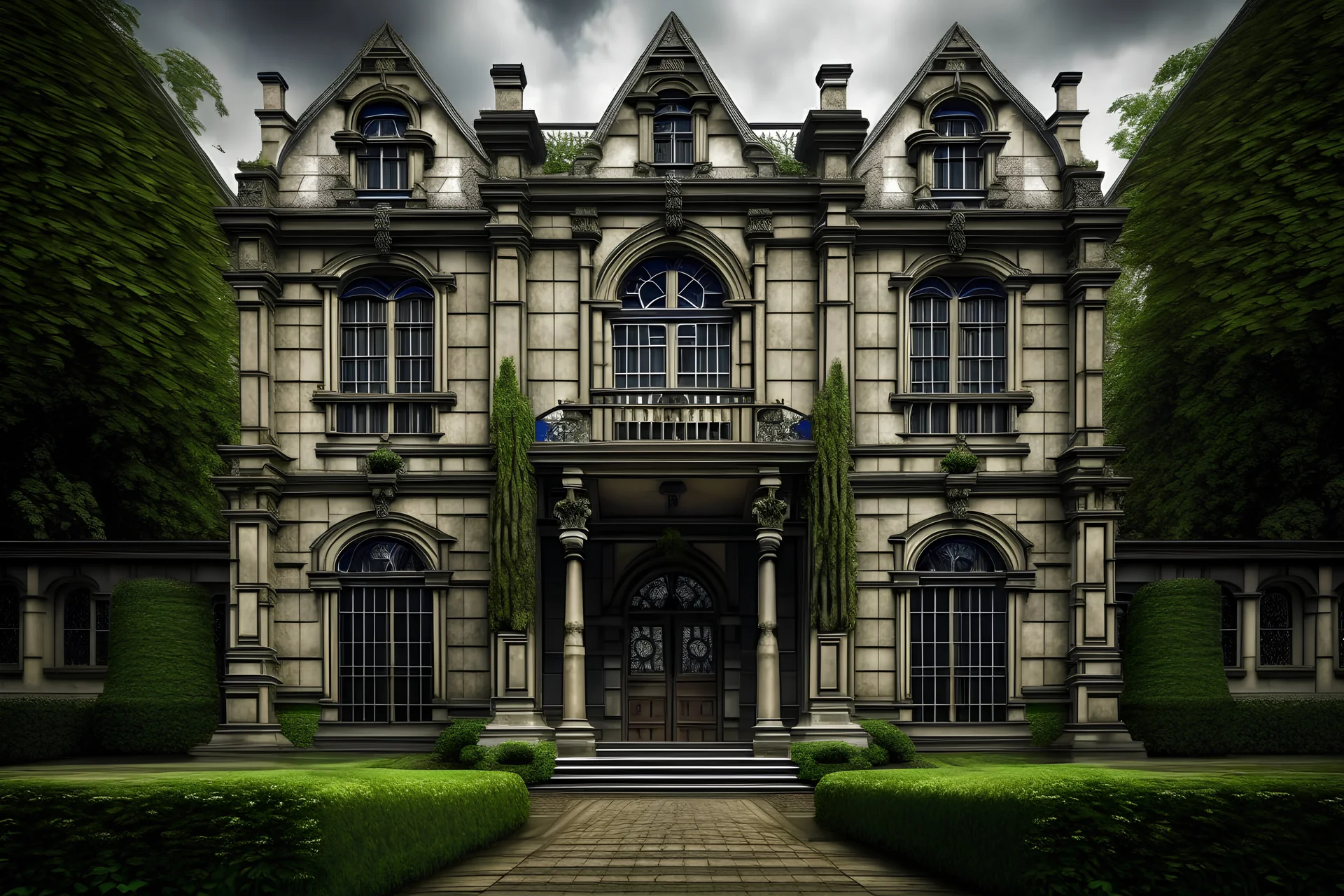 old british english castle mansion, symmetrical, huge, cloudy grey sky, rain, details, huge wooden front door, green garden alley infornt tiny violett flowers, hyper realistic, high resolution details
