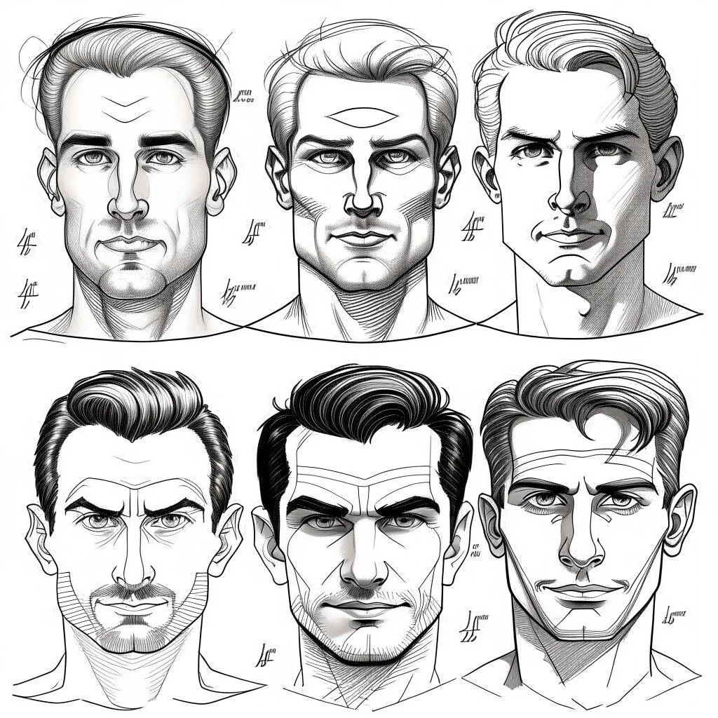 About drawing these features of a man's face Eyes: almond-shaped, medium-sized with defined eyelids and a direct and steady look. nose: a nose with prominent features, straight and with a slightly pointed tip, which can be described as a Roman nose. Mouth Medium width with defined lips, neither too full nor too thin. Eyebrows: Naturally dense and curved, to match the shape of the face. Mustache: dense and arched following the shape of the upper lip.Chin and jaw: A prominent chin and defined j