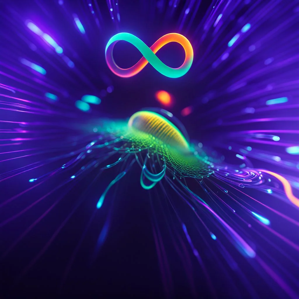 infinity symbol ∞ with vibrant single Bioluminescent Plankton in water, striking, neon, chiaroscuro, dramatic, captivating, powerful, fantasy, beautiful, octane render, 16k post-production, artstation: award-winning: atmospheric: commanding: fantastical: clarity: ultra quality: striking: brilliance: stunning colors: amazing depth; lens: f/11, 35mm