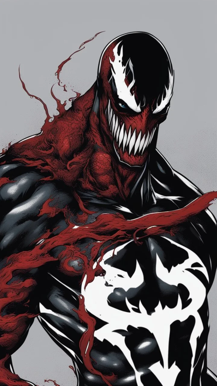 Venom symbiote with kratos Beard and red tattoos and Clothes, holding blade of choice