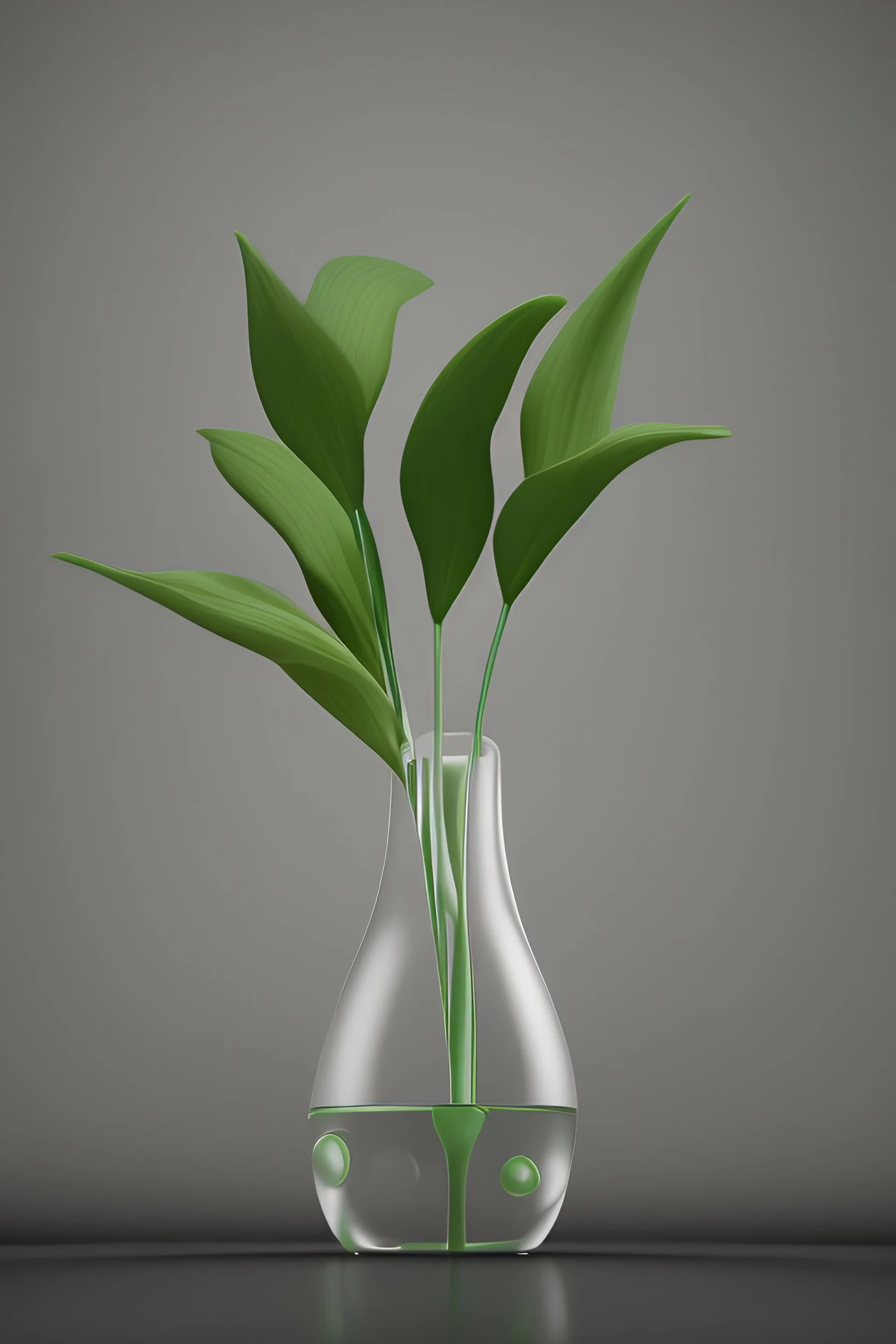 elegant plant in a clear vase with full water on clear gray background