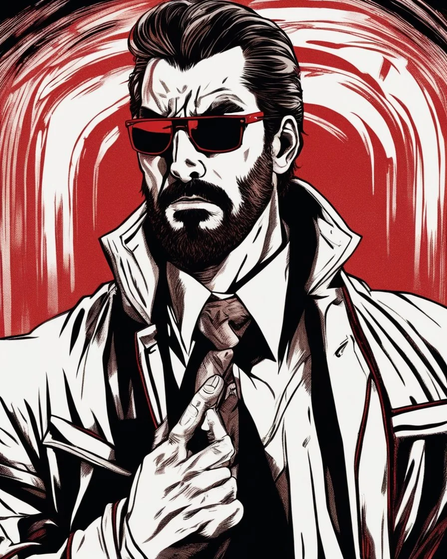 a young man with big muscles who looks like hans gruber wearing a heavy coat and red sunglasses staring with an irritated look on his face smashing a television