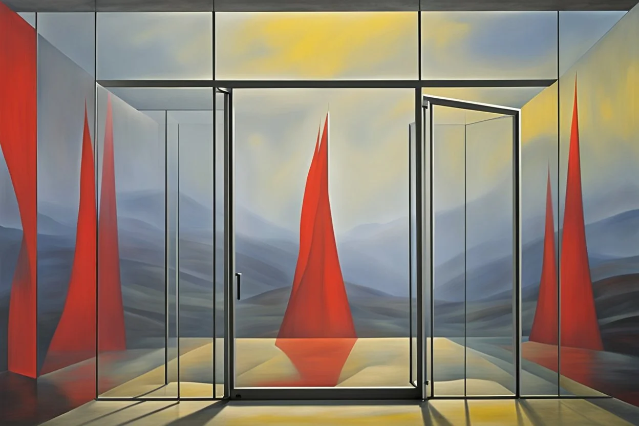 a surreal open glass gate in a glass wall with a view of a desolate landscape, fog, storm, strong contrasts, by artist "Leonora Carrington",by artist "Zaha Hadid",These colors are bold, vibrant, and intense, including shades of primary colors such as red, blue, and yellow.