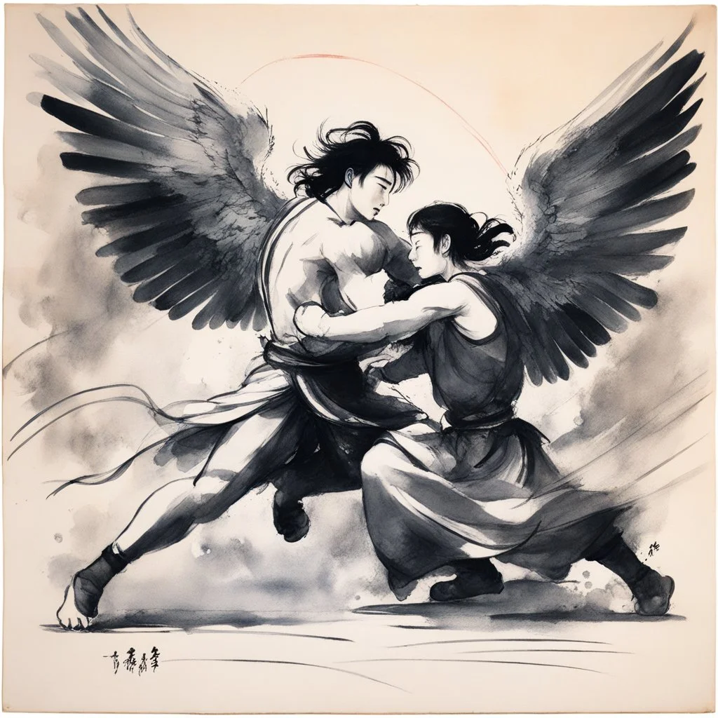 [traditional Chinese brush, expressive line, ink washes] Jacob wrestling with angel