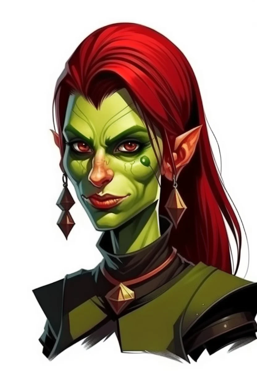 very smart half orc young woman, shes strong and not pretty, her hair is dark red and mid length, she wears an earring and black clothing with green skin and pointed teeth, realistic style