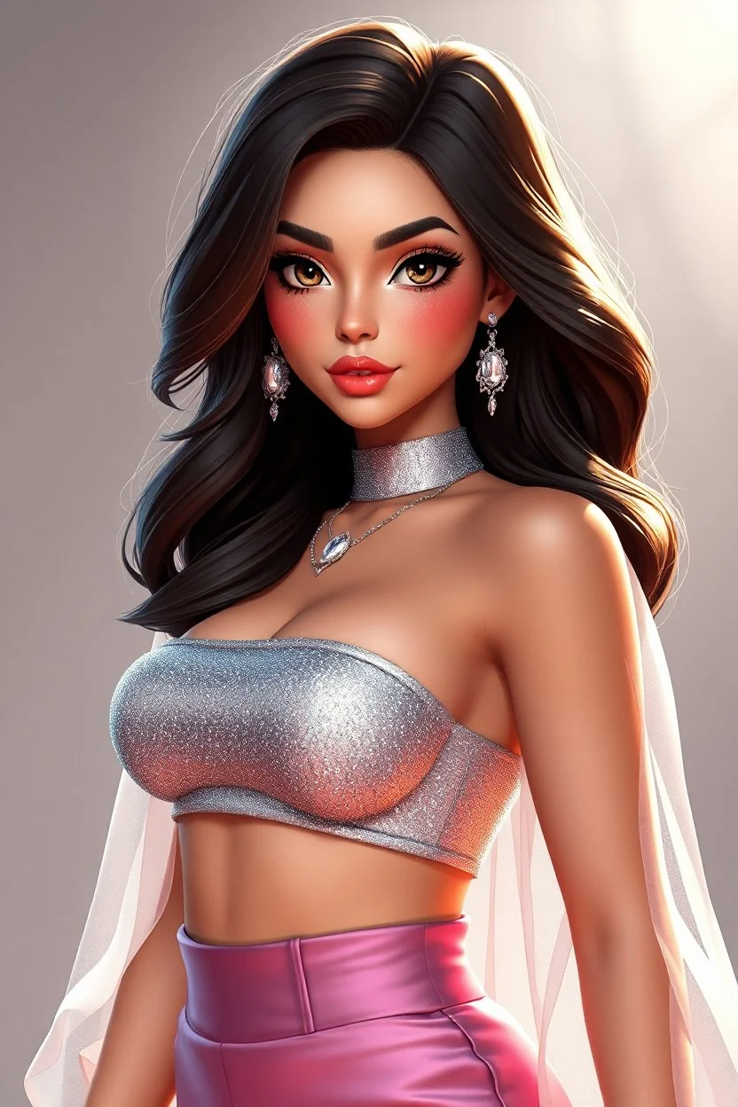 A stylized 3D render of Madison Beer portrayed as a glamorous modern realistic pop icon with a soft yet confident aura. She has radiant, porcelain skin, long voluminous dark brown hair cascading in gentle waves, and captivating hazel eyes framed by bold lashes and shimmering makeup. Her outfit is a chic, form-fitting ensemble—a glittering silver crop top paired with high-waisted satin pants and a long translucent cape that flows behind her, catching the light. Delicate jewelry—crystal earrings,