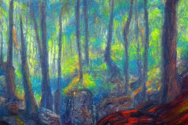 Rocks, trees, 2000's sci-fi movies influence, friedrick eckenfelder impressionism painting