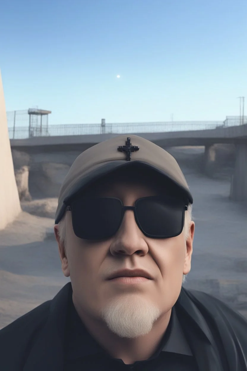 A brutal man witj bold head. He is dressed in beige and black Christian clothes. A large red pendant in the form of a constellation.