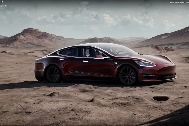 A Tesla 'Model S' is racing at top speed, at the lunar landing site of the 'Apollo 11'. (CINEMATIC, WIDE ANGLE LENS, PHOTO REAL)