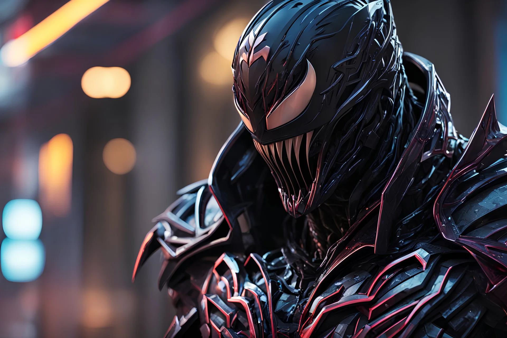 Venom Shredder in 8k solo leveling shadow artstyle, reaper them, close picture, rain, Shredder helmet, neon lights, intricate details, highly detailed, high details, detailed portrait, masterpiece,ultra detailed, ultra quality