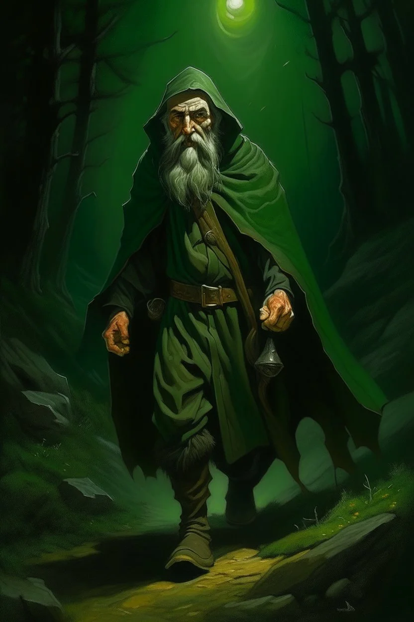 1970's dark fantasy cover dnd style oil painting of an old herbalist hobo like hero using a dark green cloack with sport outfits with minimalist far perspective. Supersentai Glow