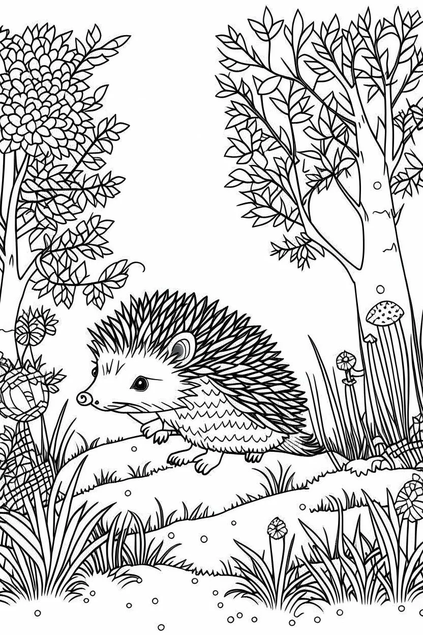 a hedgehog in a charming European woodland, clean line art, monochrome, for kids coloring book