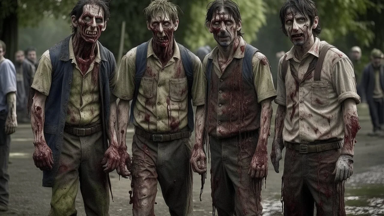 4 men zombies in adark area bloody