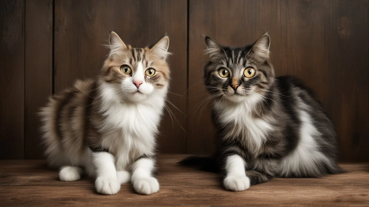 Two Funny cats on the dark wood table