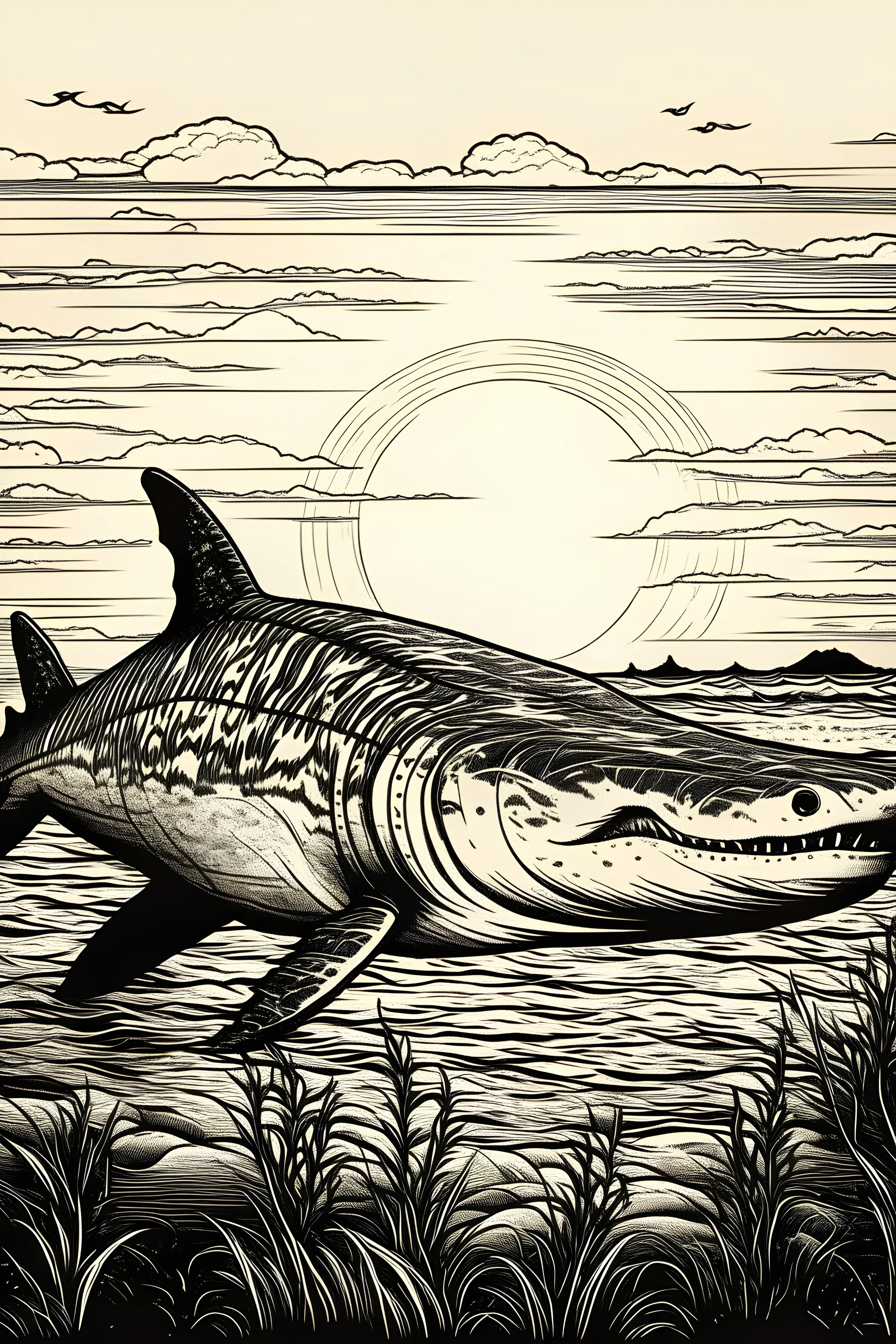 "squalo maestosa nella savana al tramonto, corpo intero, splendida illuminazione naturale, dettaglio della criniera, capolavoro, cartoon in bianco e nero" vista dietro.