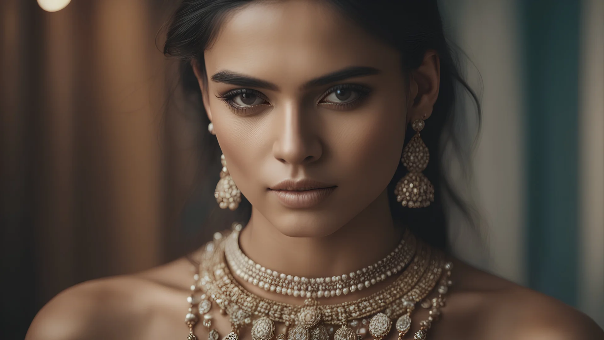 An incredibly detailed female model, half body shot, wearing minimalistic Indian Jewelry, Shot on a Hasselblad high format camera, Unmistakable to a photograph. Cinematic lighting. 4k, 8k, 16k, full ultra hd, high resolution and cinematic photography --ar 3:2 --v 5 --up-beta --Screen Space Reflections --s 200 --Diffraction Grading --Chromatic Aberration --GB Displacement --Scan Lines --Ambient Occlusion 32k uhd --Anti-Aliasing FKAA --TXAA --RTX --SSAO --OpenGL-Shader’s