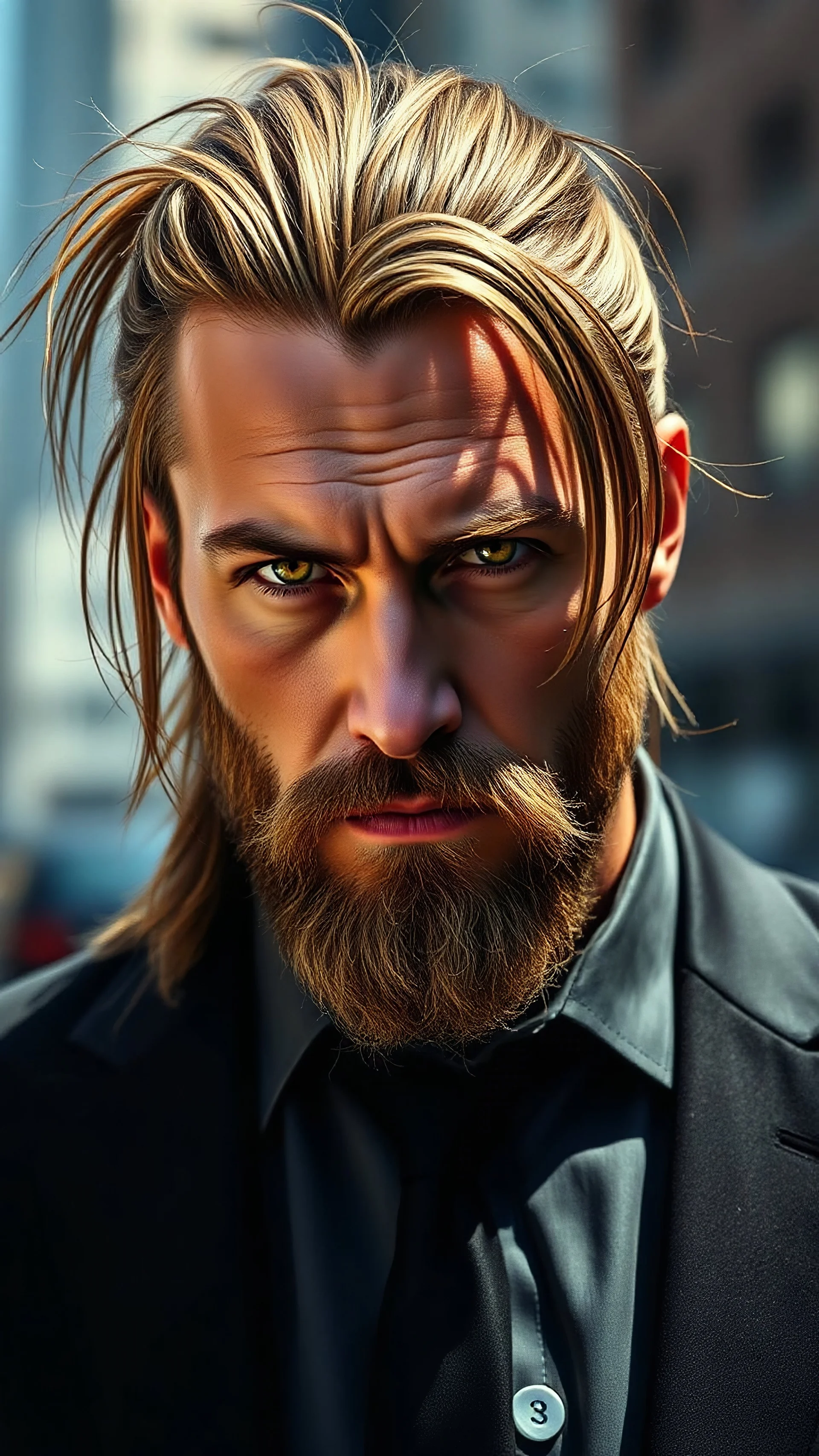 A realistic photograph of a rugged man with long, light brown hair in a slightly messy ponytail, he has bright yellow eyes, wearing a black Suit. He has a light stubble beard, giving him a scruffy look, and a confident, mysterious expression. The background is an urban setting with soft lighting and blurred buildings, capturing his relaxed, yet assertive vibe. His pose is serious but calm, enhancing the cool, enigmatic aura.