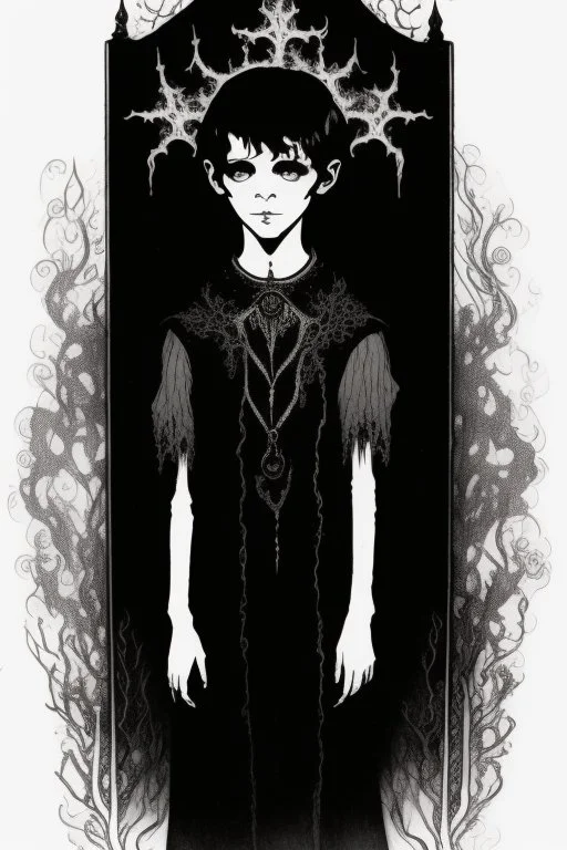 7 year old boy, necromancer, friendly, looks dead, surrounded by weird smoke with eyes, wearing black robes, in the style of Harry Clarke