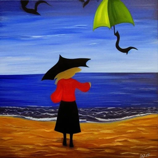 Ocean at night and witch with umbrella, paint