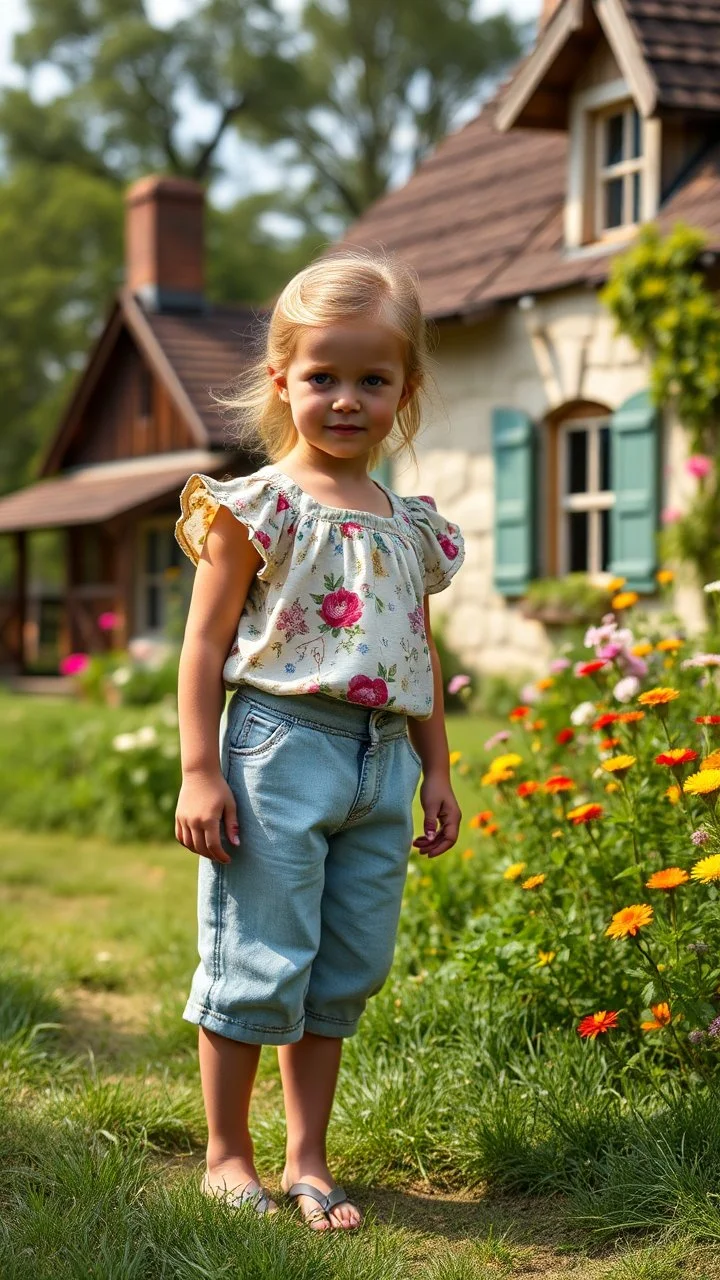 cartonish child lady in pretty top and short pant,standing in country side next to country house with flowers,trees.