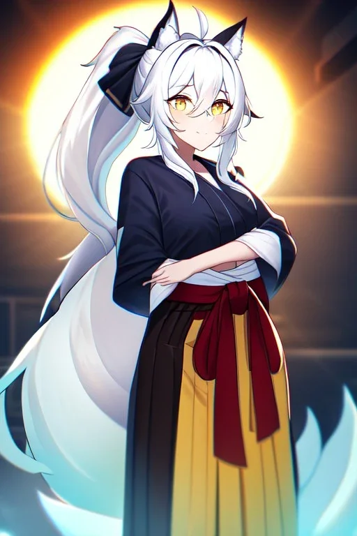 fox girl, masterpiece, best quality, cinematic lighting, detailed outfit, vibrant colors, perfect eyes, golden eyes, long hair, white hair, messy hair, hair between eyes, depth of field, ray tracing, ponytail, hakama, tails,