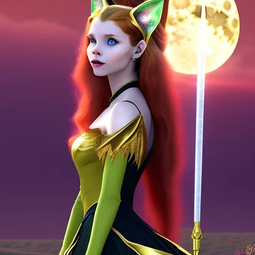 Attractive teenage girl with golden red hair, who is dressed like a witch casting a spell with a quarterstaff on the moon, she has cat ears, green eyes looking at the moon, has a normal nose, background is realistic space, the girl is on a planet, black goth girl dress, full body portrait, arm colors gradient effect into stars, rendered, unity 3d, unreal engine, dslr, hdr, 4k, edited, photorealistic, normal number of appendages, freckles, artists rendered