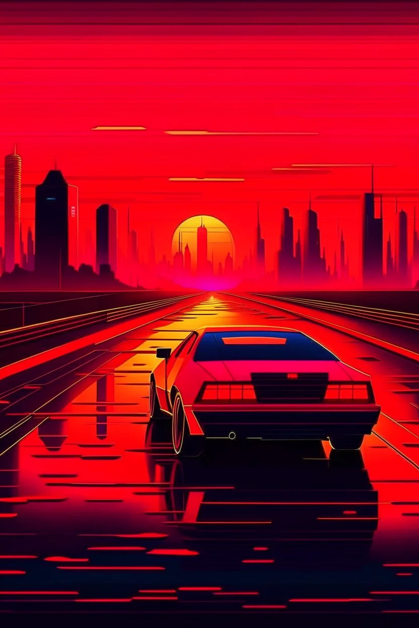 A cinematic photo of Sunset Drive, bathed in warm, neon-lit hues, evoking the nostalgia of Retrowave and 8Bit eras, with bold, geometric shapes and vibrant, electric colors, set against a backdrop of a fiery, synth-heavy sunset, with sleek, futuristic cars speeding by, leaving trails of light, amidst a futuristic cityscape, infused with a sense of retro-futurism, and a hint of digital glitch, with bold, contrasting highlights and deep, rich shadows, capturing the essence of Synthwave's retro-uto