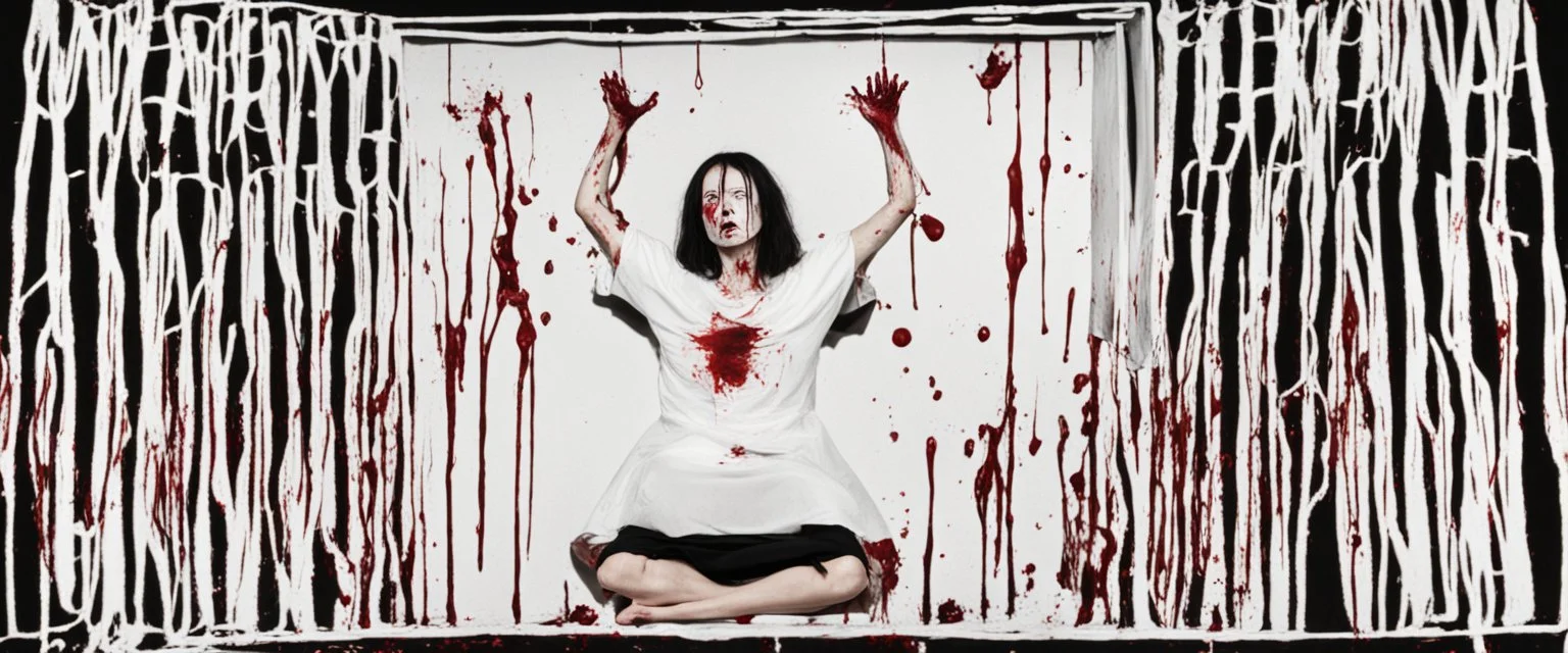 a faceless woman covered in blood holding up a black rectangular box