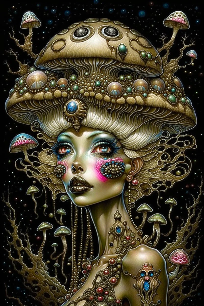 Beautiful rococo mushroom fairy, detailed eyes, realistic features, hq, fungi, celestial, moon, galaxy, stars, by Salvador Dalí, giger, Hieronymus Bosch, victo ngai, fungi, celestial, Ryan Hewett